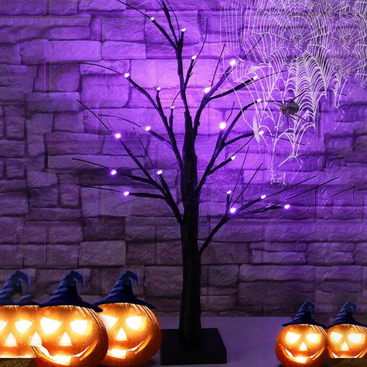 1pc 24 LED Orange And Purple Lighted Halloween Artificial Birch Tree Light DIY Black Branches Lights Tabletop Halloween Spooky
