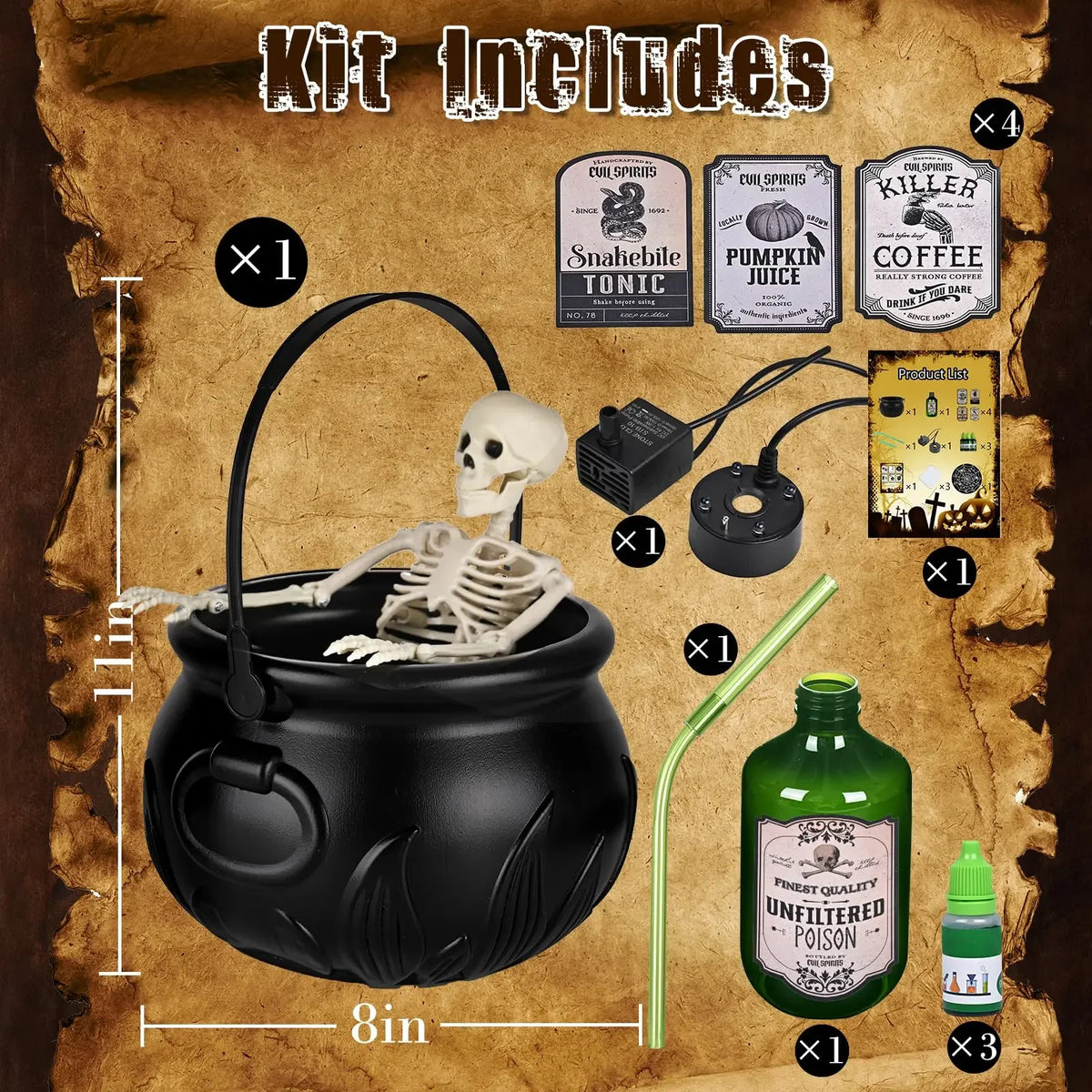 Halloween Witch Cauldron LED Light Fog Mist Maker Skeleton Decor Spooky