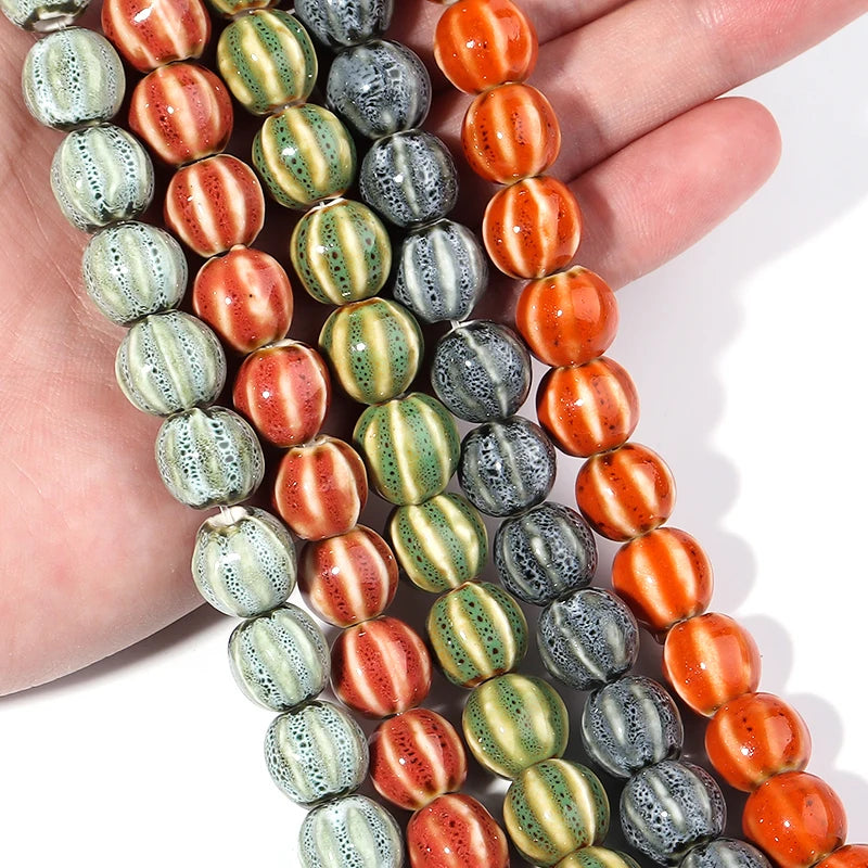 1 Strand Pumpkin Shape Stripe Ceramics Beads Colorful Floral Glaze Beads