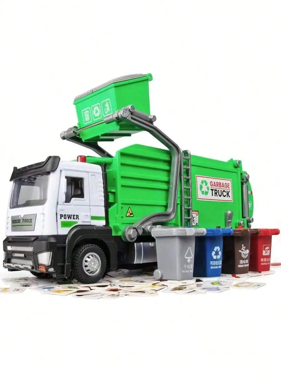 Realistic Garbage Truck Toy Set Trash Can STEM Learning Cards Interactive