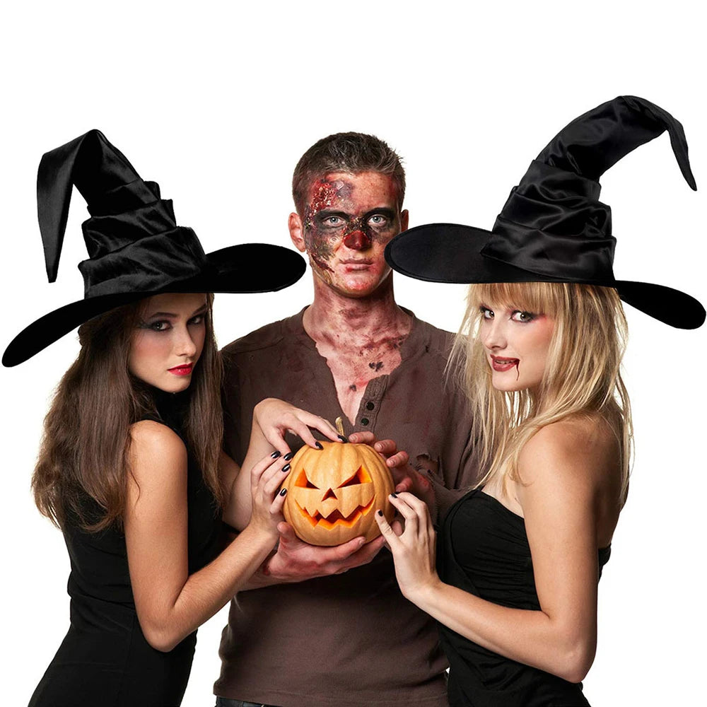 Halloween Witch Hat Black Folds Wizard Hats Women Men Masquerade Party Cosplay