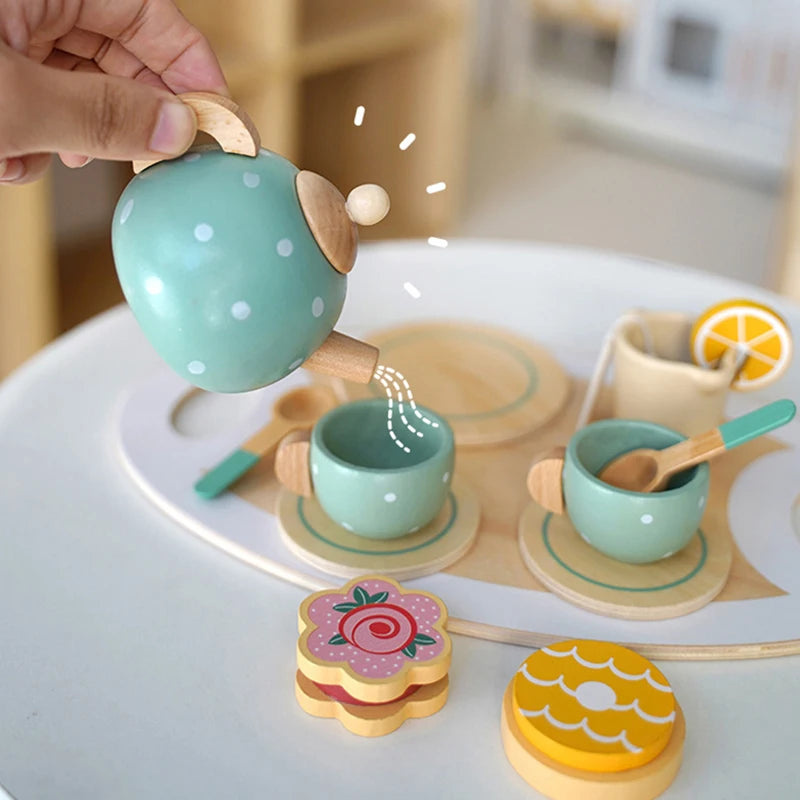Kids Wooden Tea Set Play House Pretend Make Tea Teapot Teacup Afternoon