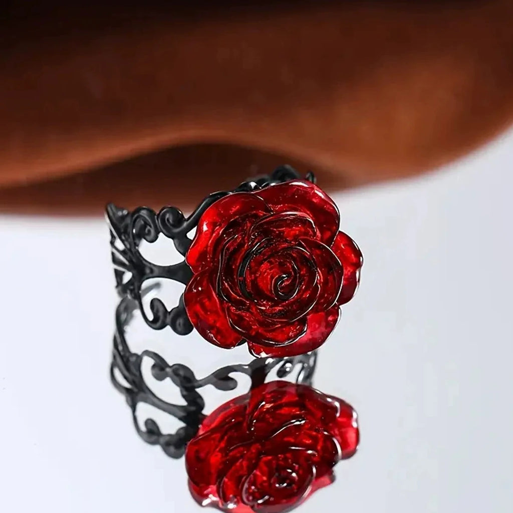 Punk Gothic Red Rose Ring Ornate Black Vine Witch