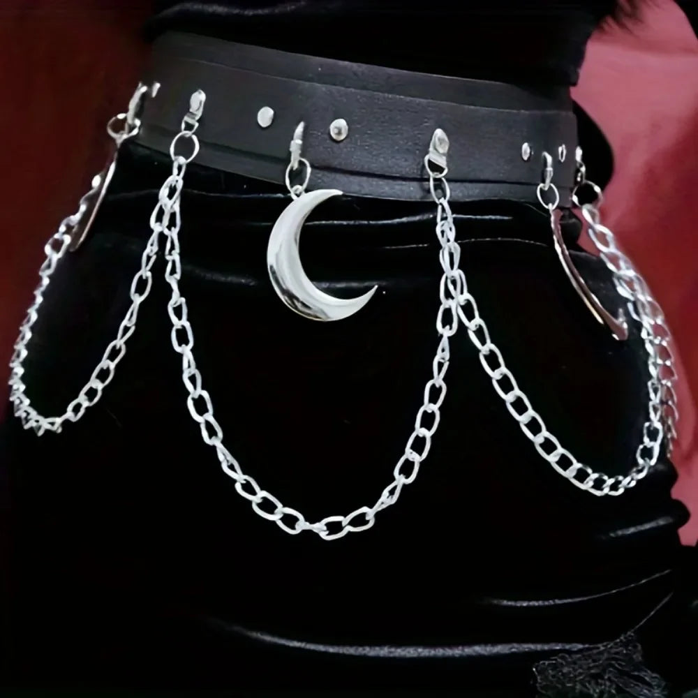 Moon Pendant Chain Fringe Goth Belt Punk Black PU Leather Belts Vintage