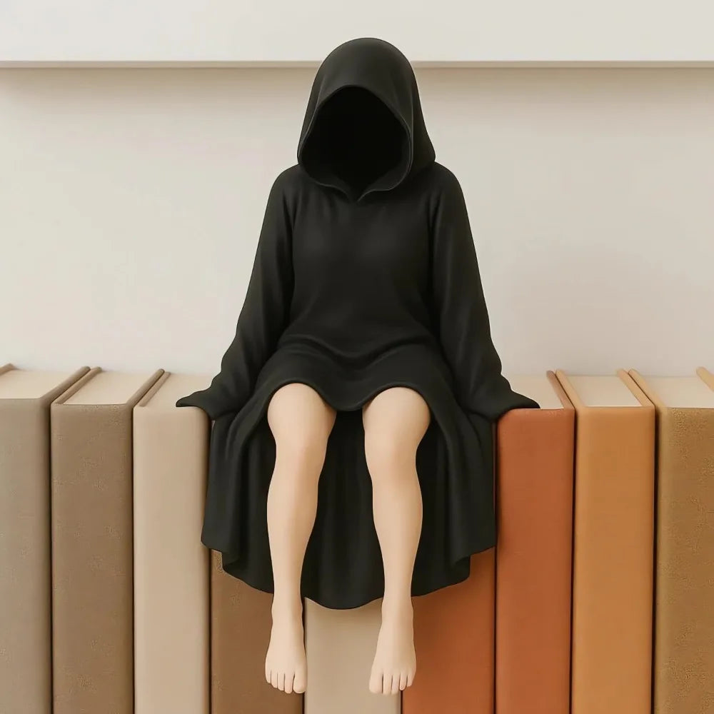 3D Mysterious Halloween Statue Gothic Black Robe Queen Figure Bookshelf Sculpture Spooky Sitting Statues Desktop Ornaments Gifts