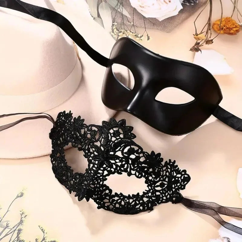 2pcs Elegant Black Lace Masquerade Mask Set Couples Venetian Party Mardi Gras