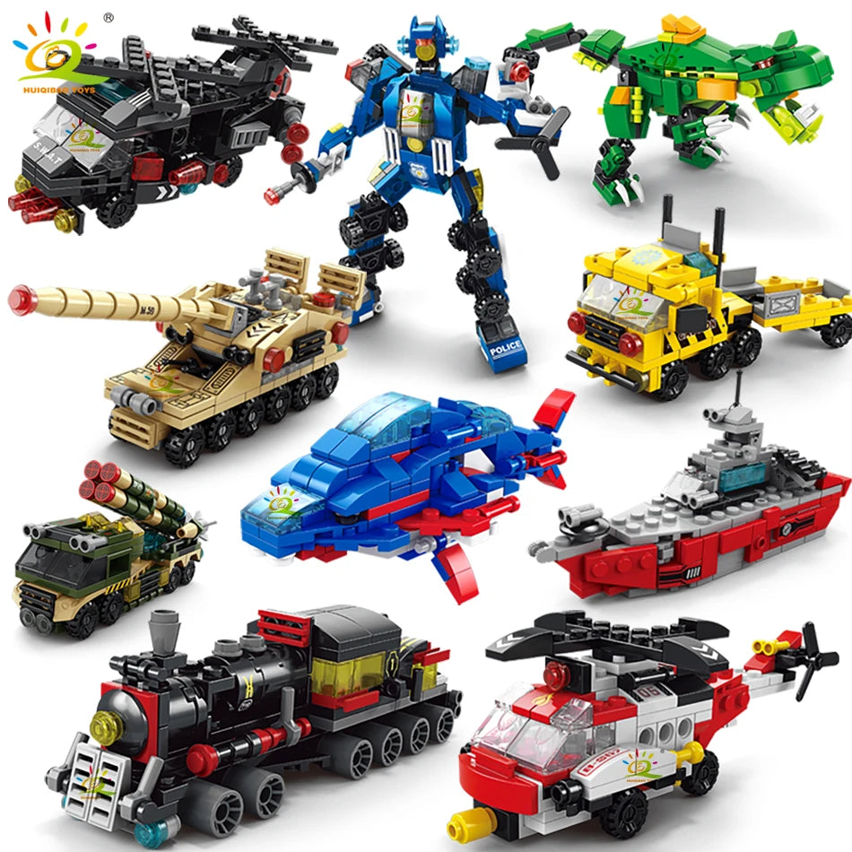 HUIQIBAO 6IN1 City Engineering Car Police Truck Building Blocks Tank Helicopter
