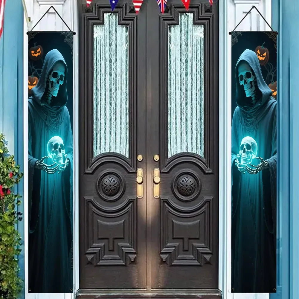 A pair Halloween decorative banners polyester skull figure design door wall