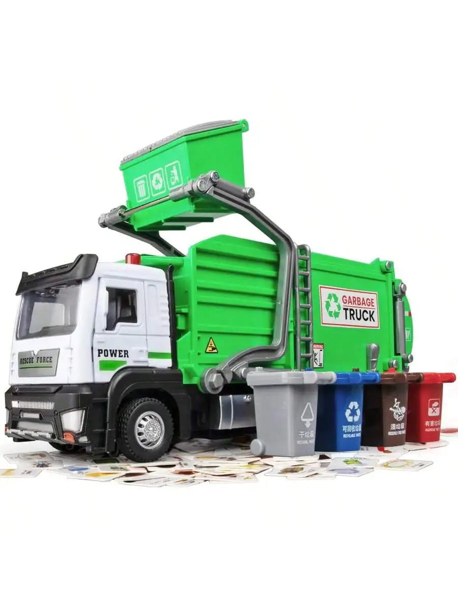 Realistic Garbage Truck Toy Set Trash Can STEM Learning Cards Interactive