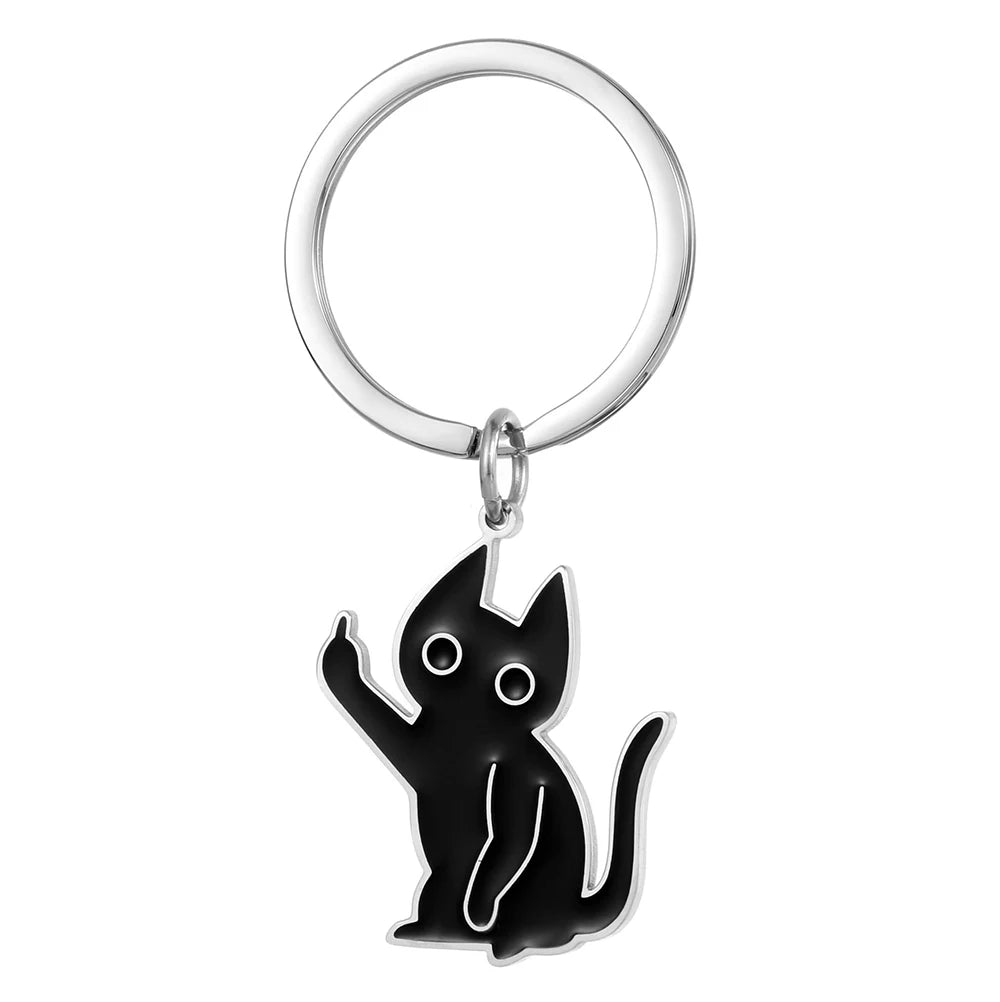 Stainless Steel Black Cat Keychain Durable Key Ring