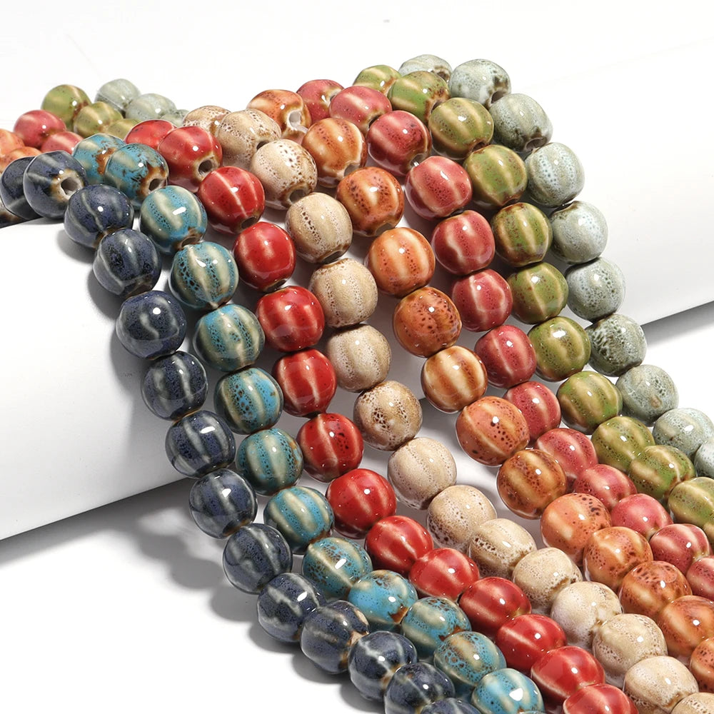 1 Strand Pumpkin Shape Stripe Ceramics Beads Colorful Floral Glaze Beads