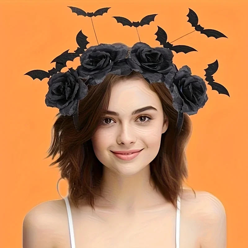 1pcs Halloween Party Headband Cute Witch Hat Black Artificial Flowers Gothic