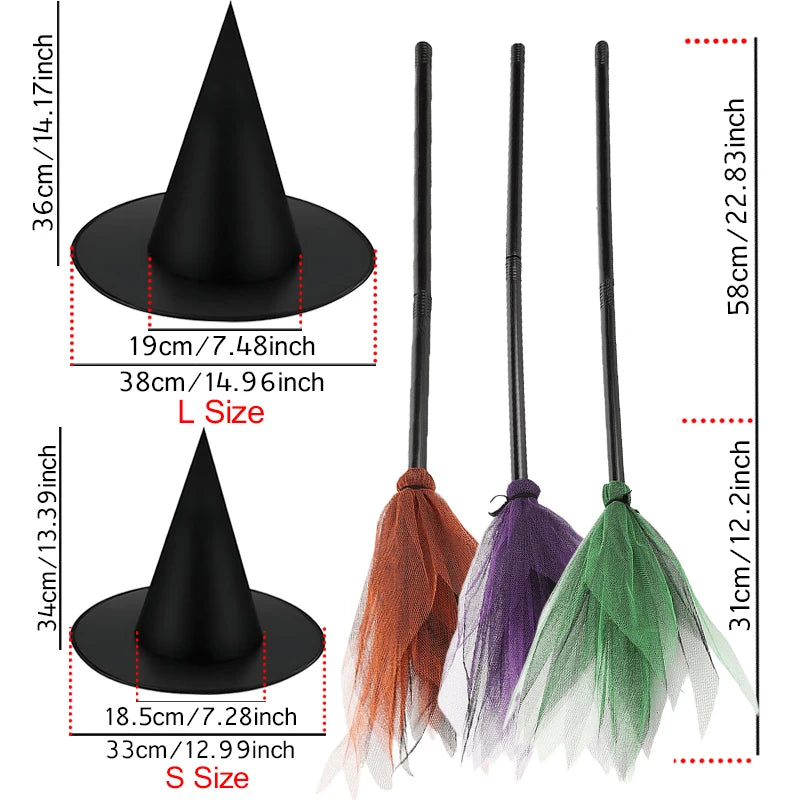 Halloween Witch Wizard Cosplay Props Black Magic Hats Flying Broomstick Decor