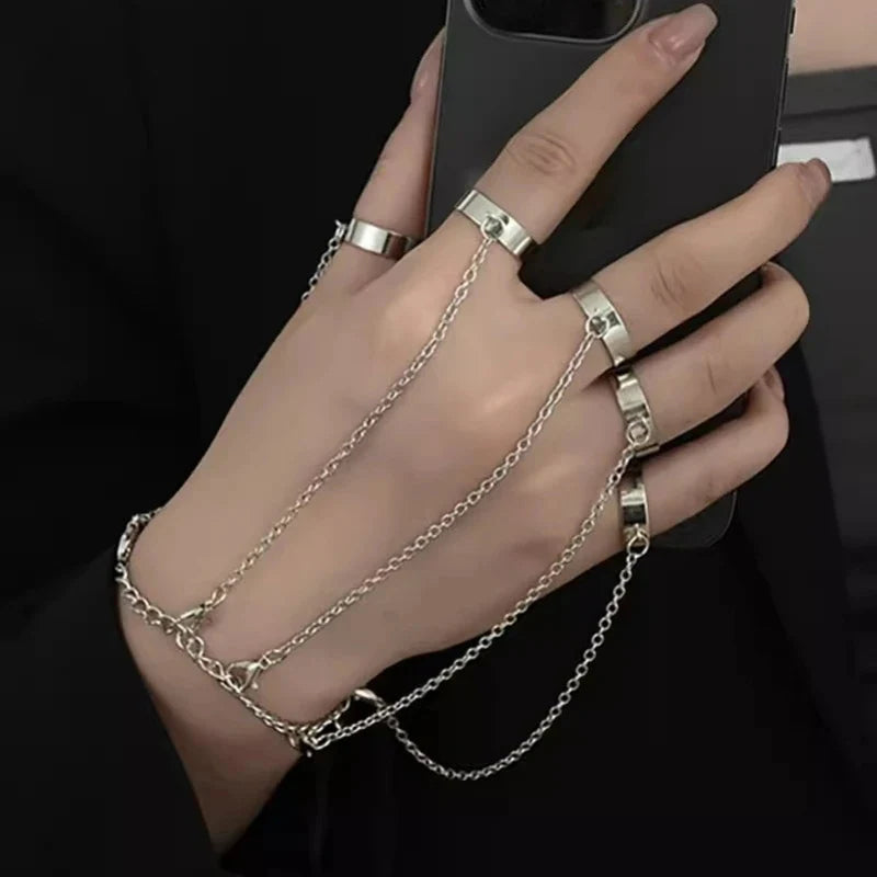 Punk Geometric Black Color Chain Wrist Bracelet Ring Women Men Open Ring