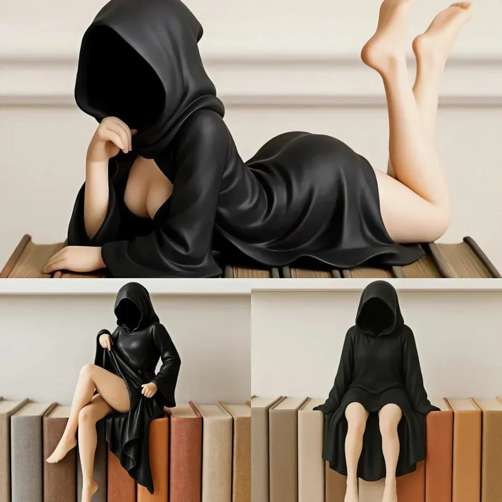 3D Mysterious Halloween Statue Gothic Black Robe Queen Figure Bookshelf Sculpture Spooky Sitting Statues Desktop Ornaments Gifts