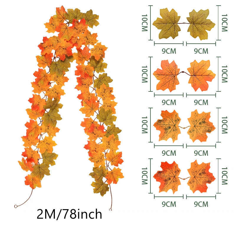 200CM Autumn Artificial Maple Leaf Wreath Fake Leaf Plant Vine Home