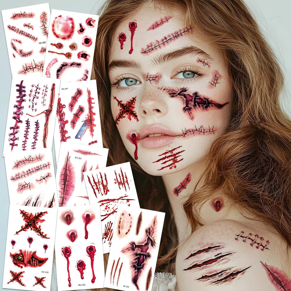 16 Pcs Halloween 3D Fake Scar Temporary Tattoos
