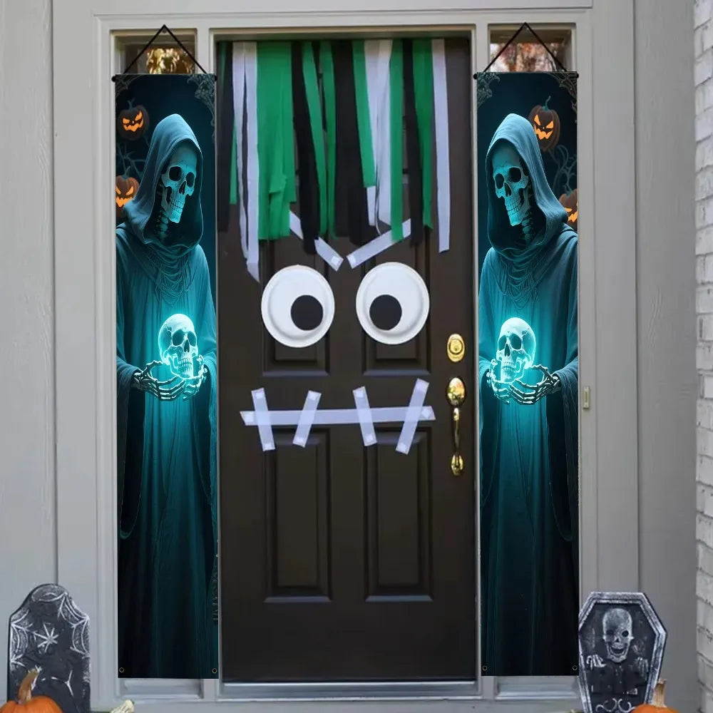 A pair Halloween decorative banners polyester skull figure design door wall