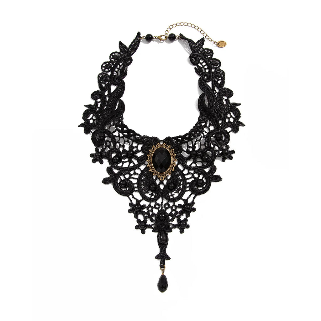 Fashion New Vintage Gem Black Lace Bead Necklace